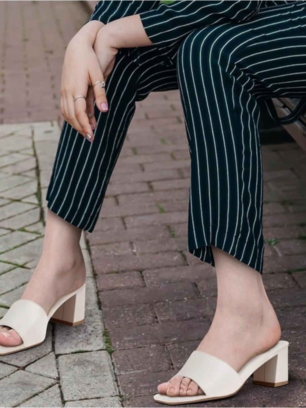 Cream Block Heel Slide Sandals
